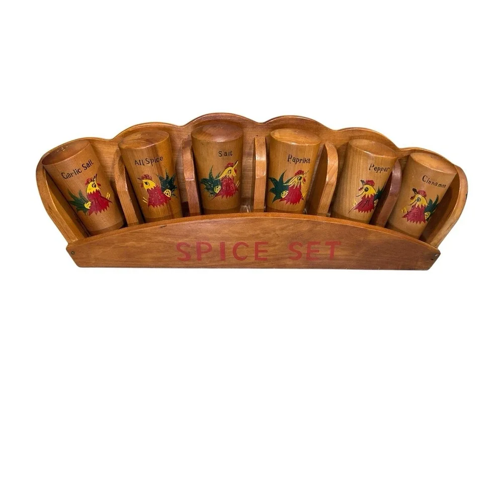 Vintage Wooden Spice Rack Rooster 6 Spice Containers Decor